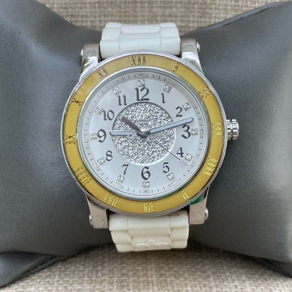 Juicy Couture Ladies Wrist Watch Crytals Accent Face White Rubber Band Quartz - Picture 2 of 12